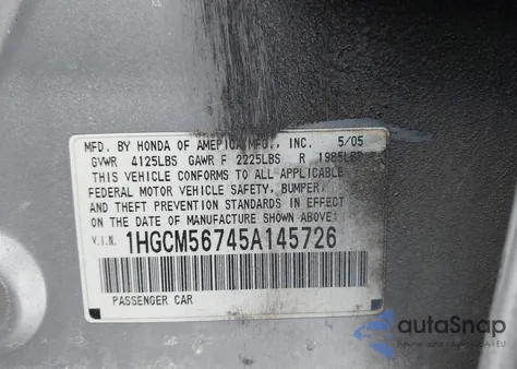 2005 Honda Accord 2.4 Ex из США, поврежденный, VIN 1HGCM56745A145726